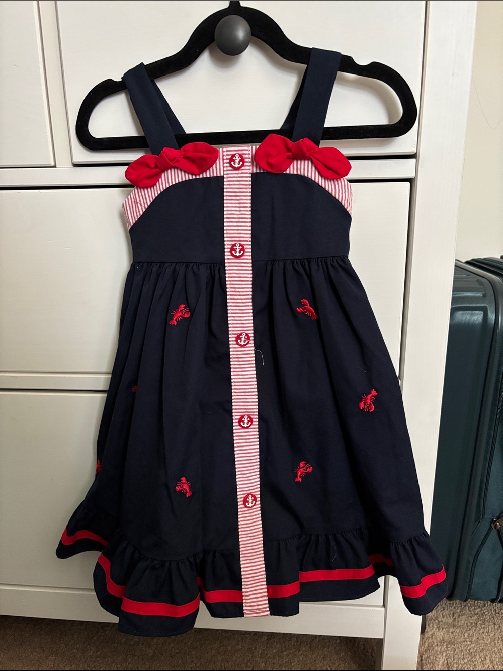 Good Lad Navy Dress with Red Accents and Striped Trim